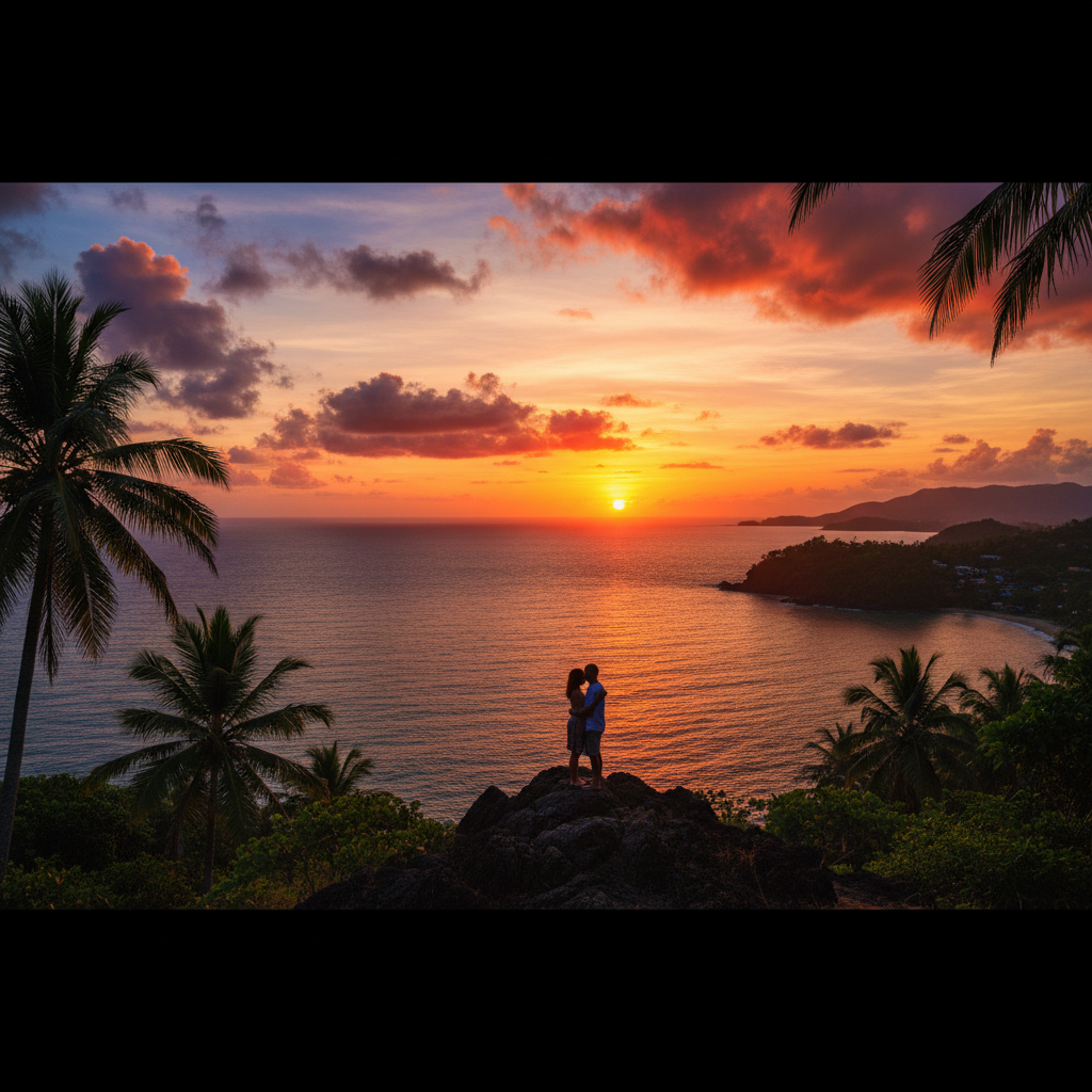 romantic Sao Tome and Principe couple watching sunset from viewpoint, silhouette, horizontal