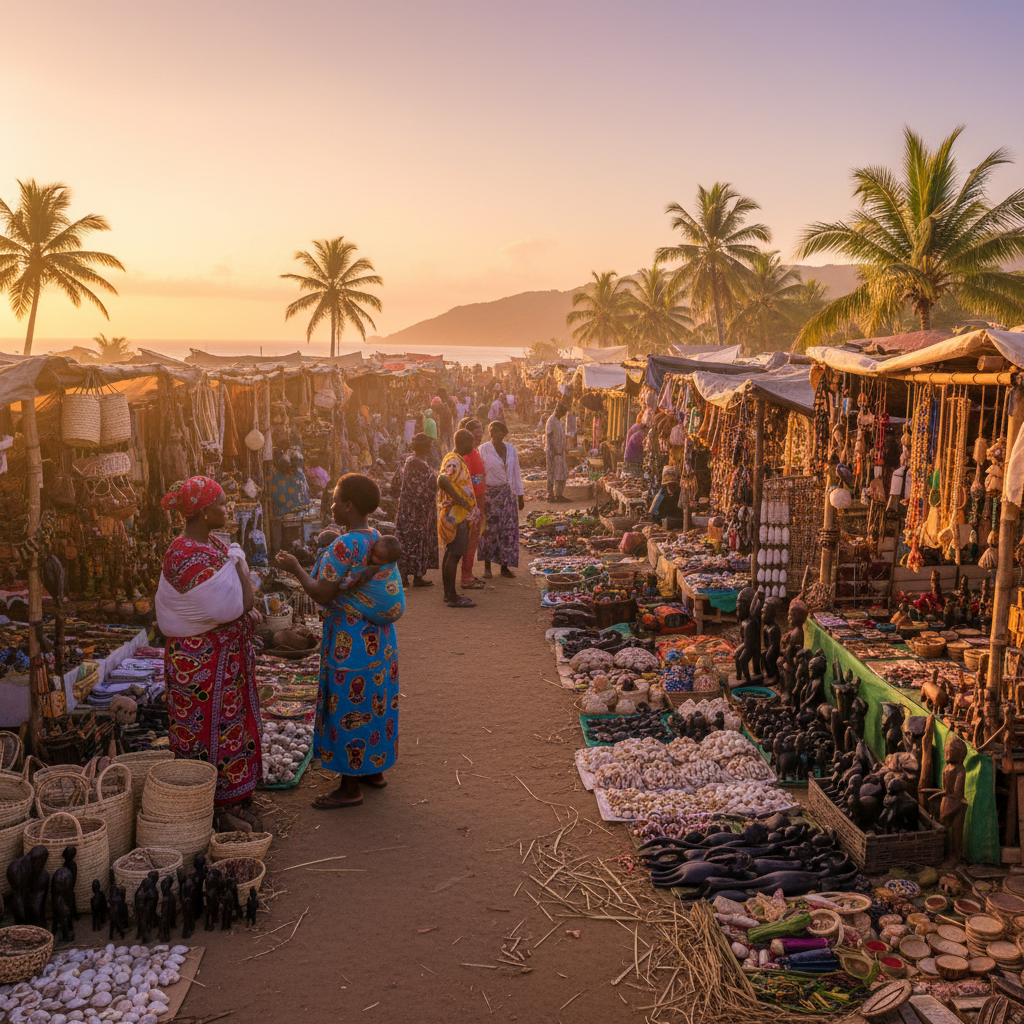 shopping Sao Tome and Principe local craft market, colorful, horizontal