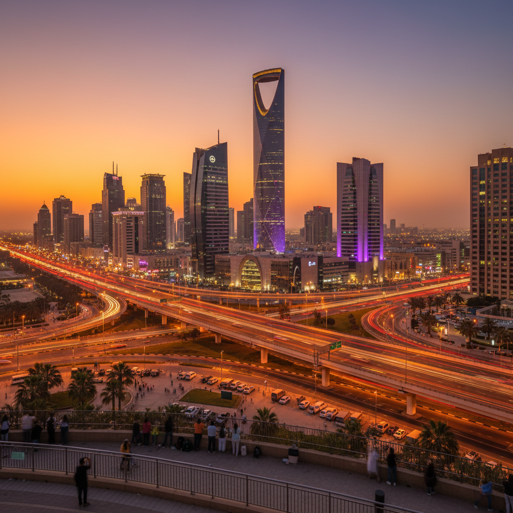 Riyadh skyline at dusk bustling city life