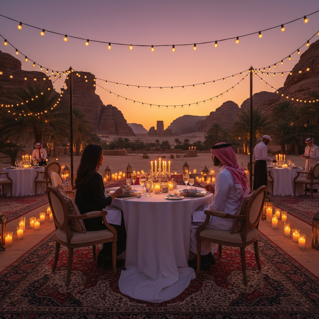 Romantic dinner setting elegant restaurant Saudi Arabia
