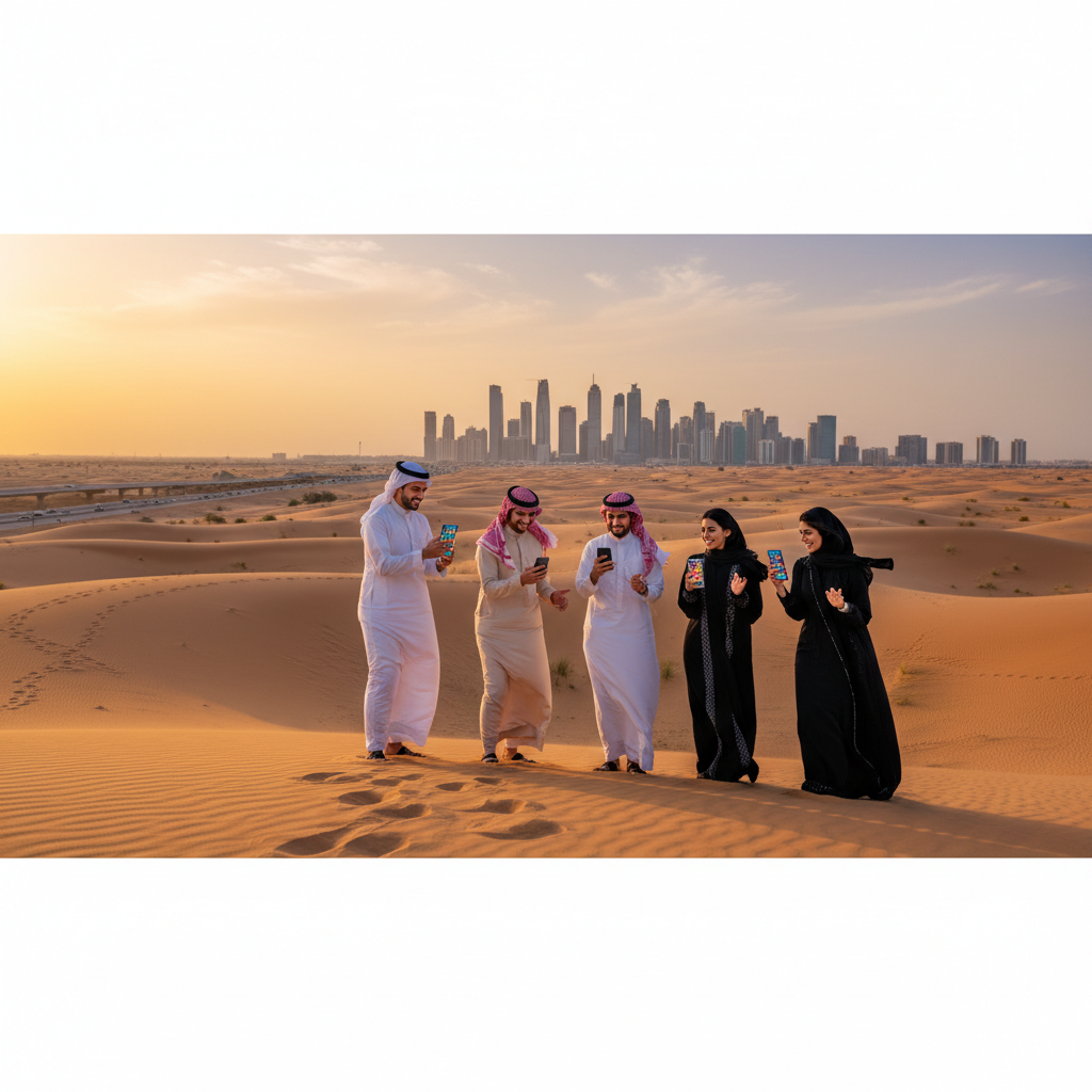 Young Saudis using smartphones outdoors trending content