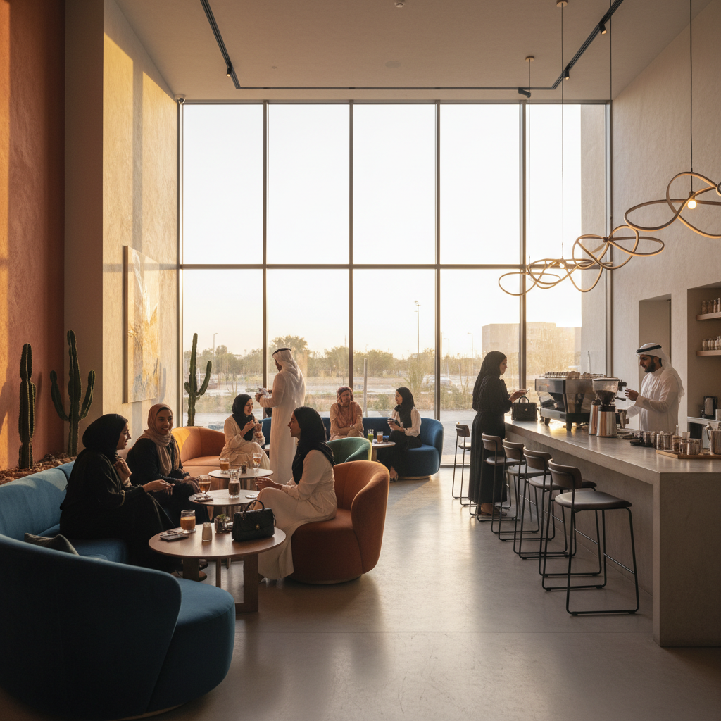 Modern cafe interior young adults socializing Saudi Arabia