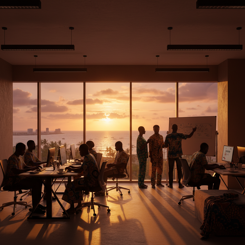 Senegalese individuals working on laptops, horizontal