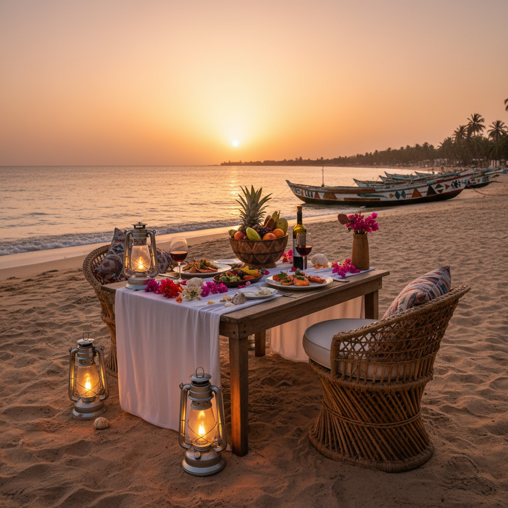 Romantic dinner setting in Senegal, horizontal