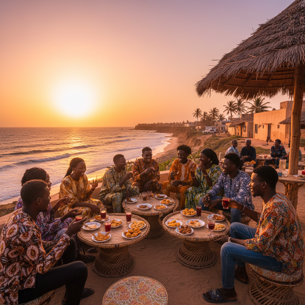 Friends gathering at a cafe in Dakar, Senegal, horizontal