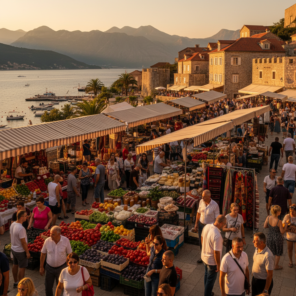 Bustling shopping market in Serbia and Montenegro horizontal photo