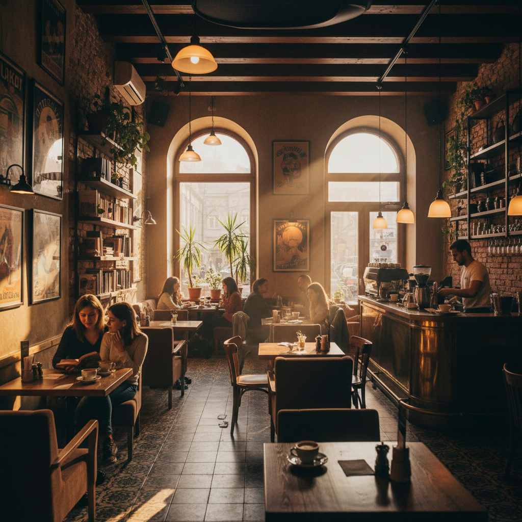 Cozy cafe interior with patrons, Serbia