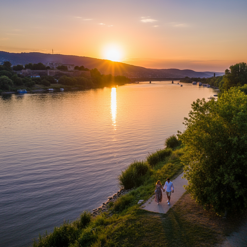 Couple enjoying a romantic walk by the Danube River, Serbia