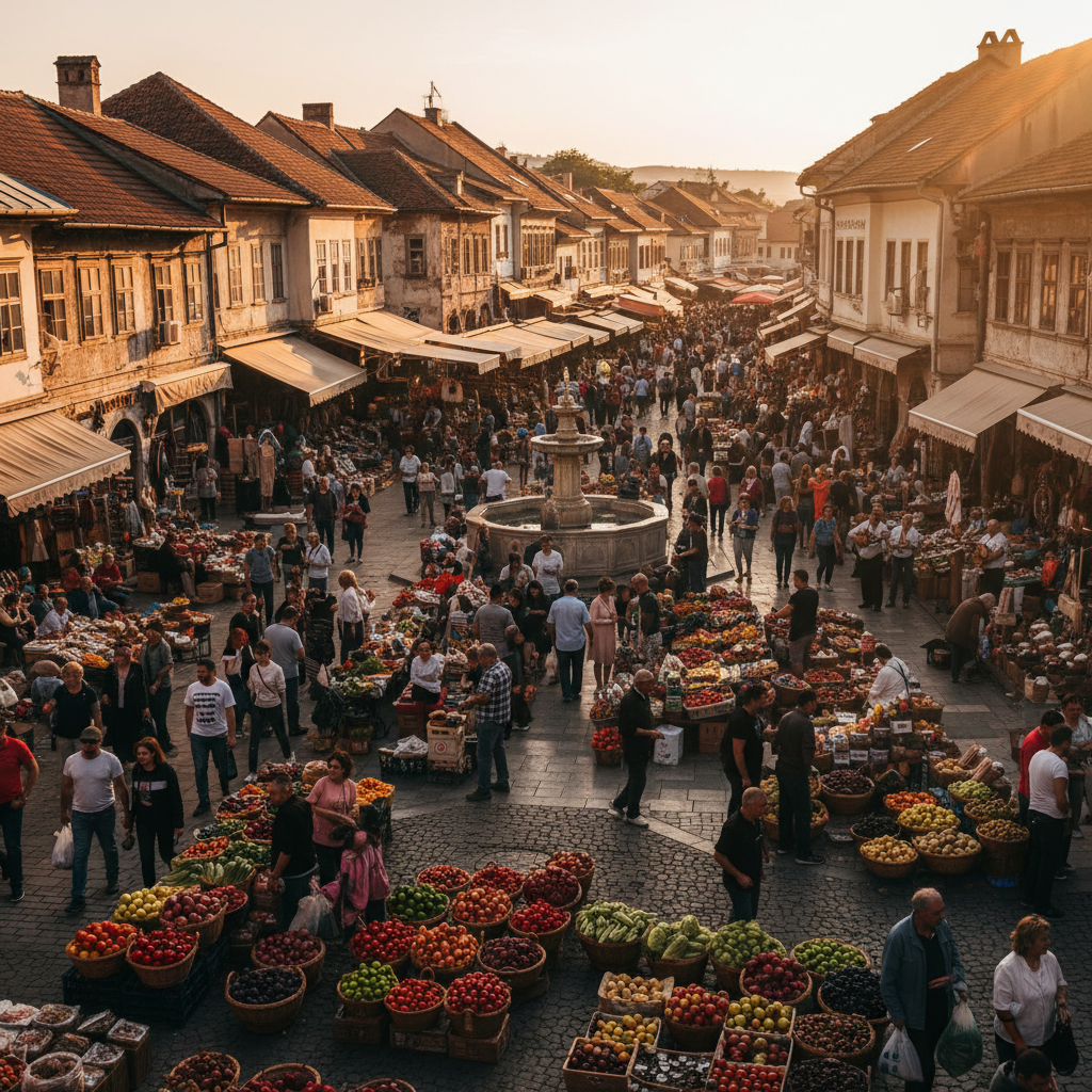 Bustling market street with shoppers, Serbia