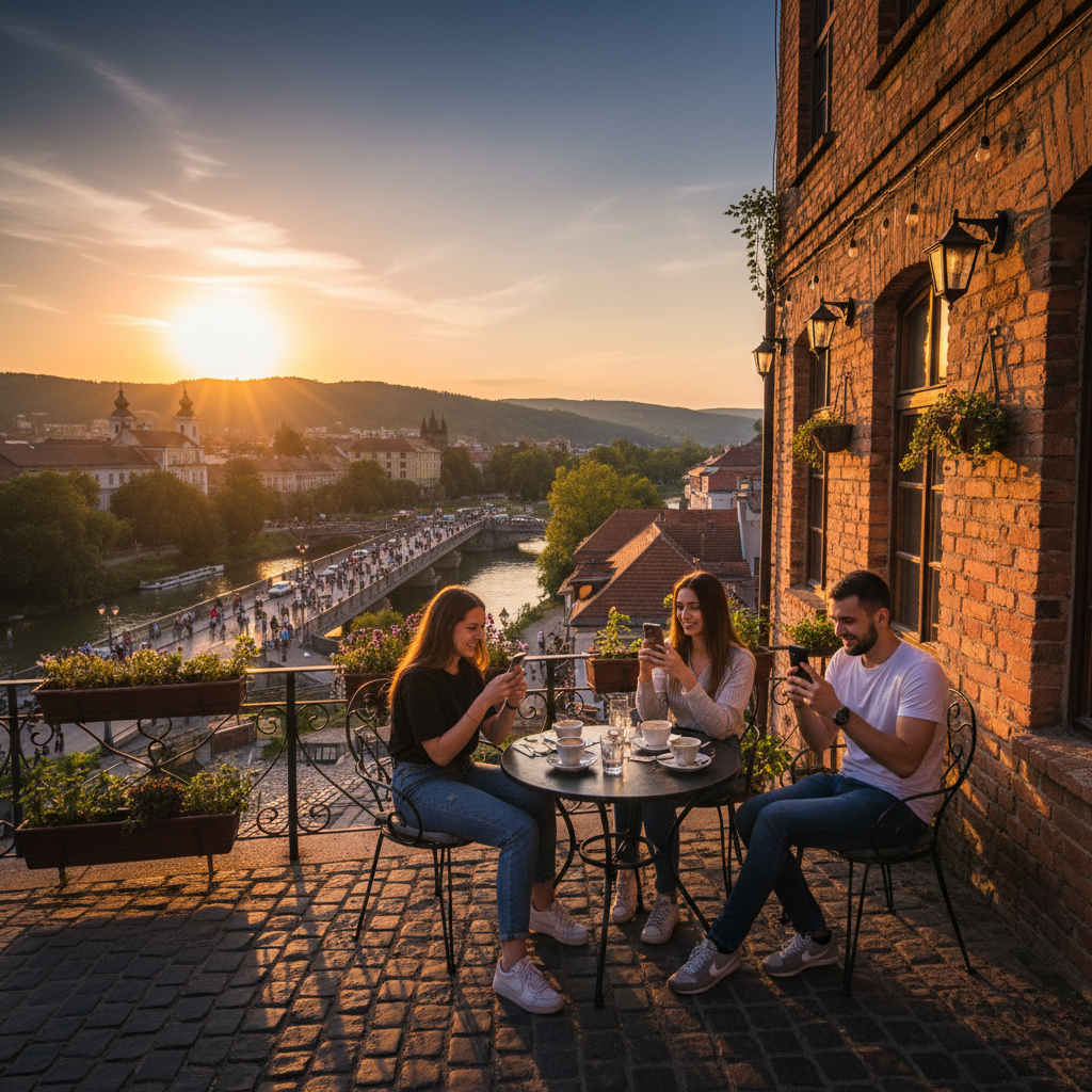 Young adults using smartphones in a cafe, Serbia
