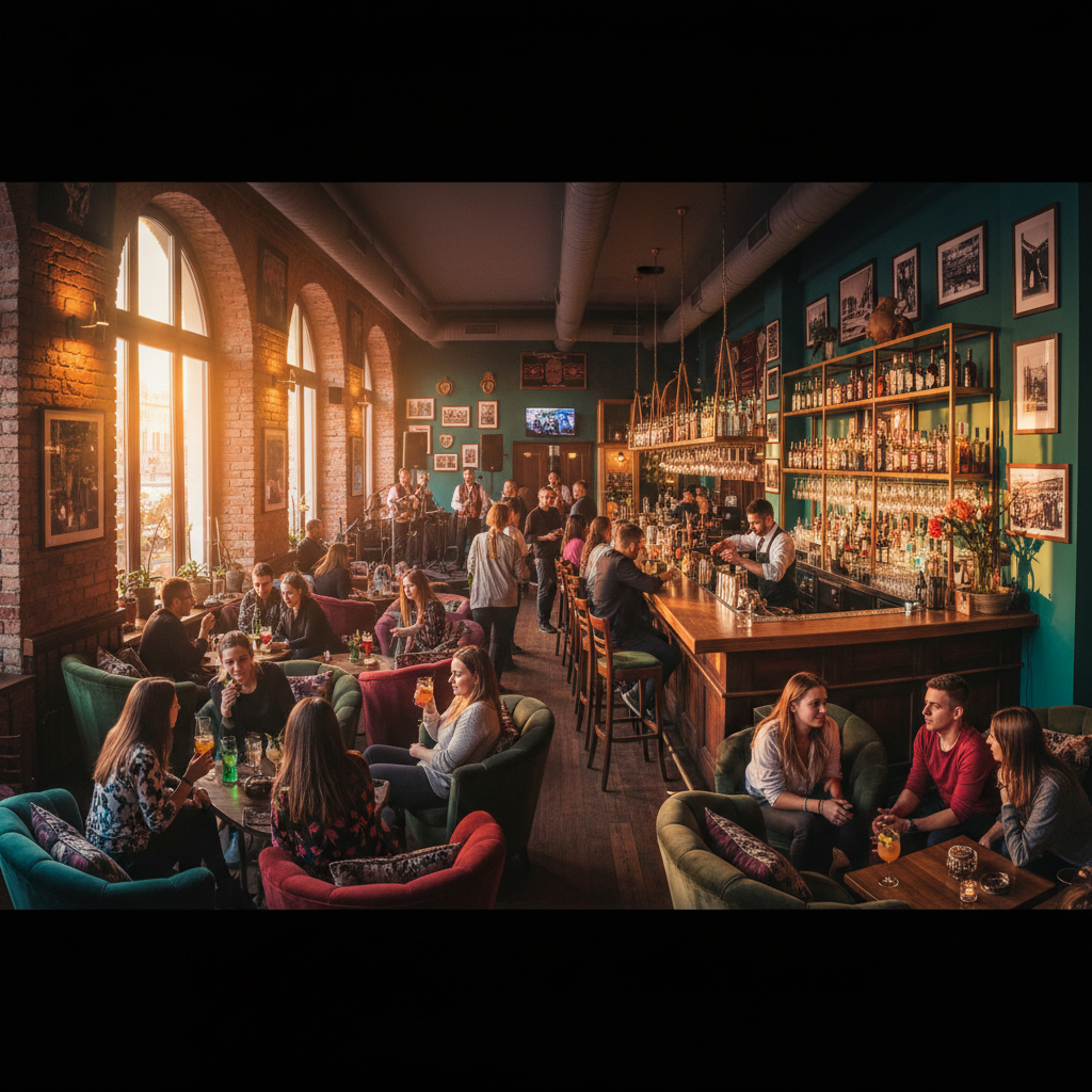 Vibrant bar interior with people socializing, Serbia