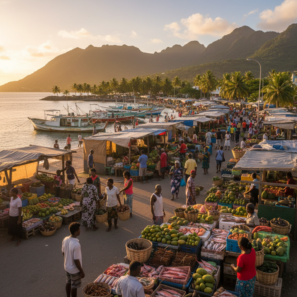 Seychelles economy vibrant markets fishing boats local trade people