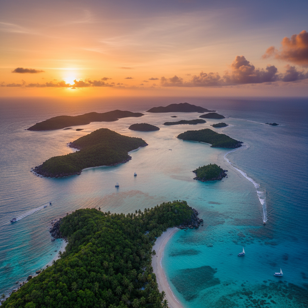 Seychelles overview tropical islands pristine beaches aerial view landscape