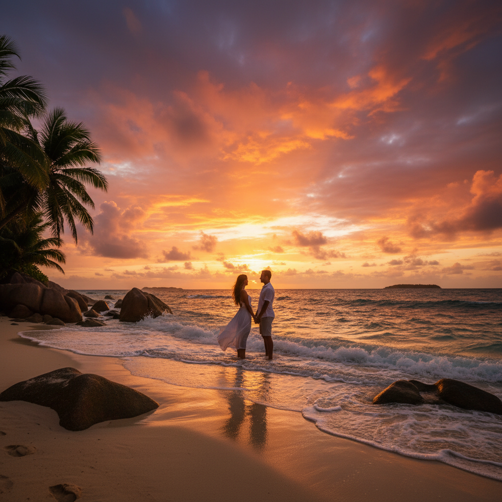 Seychelles romantic getaway couples walking hand-in-hand sunset pristine beach