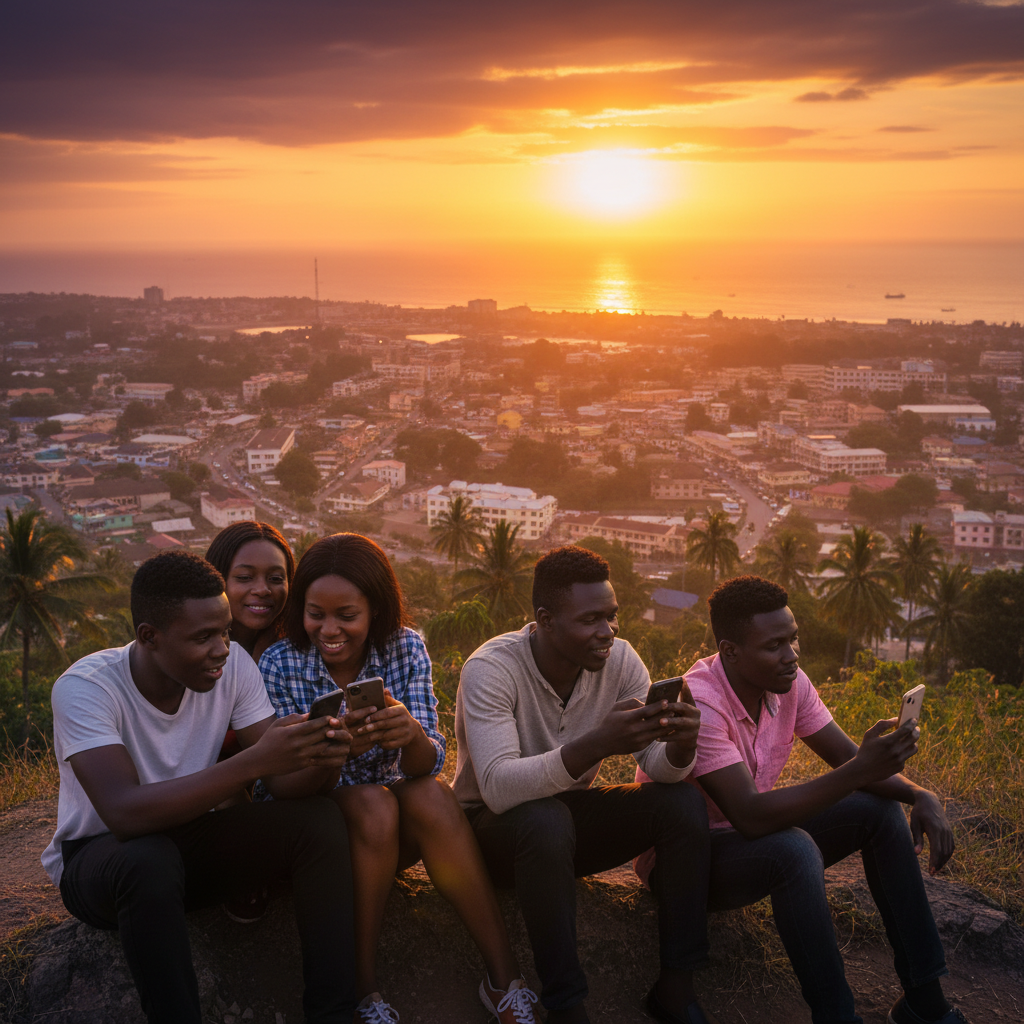 Young adults interacting on mobile phones in Freetown