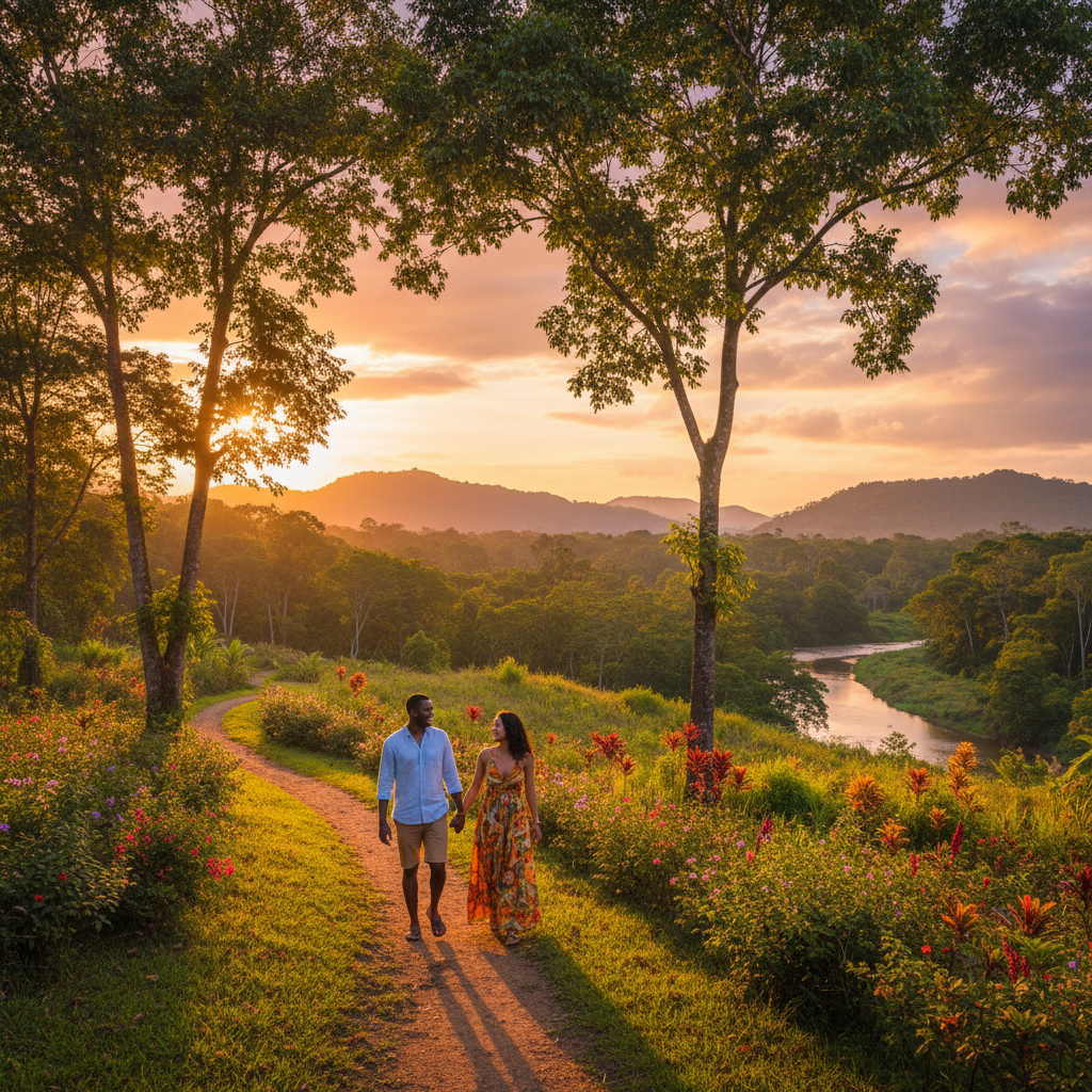 Couple walking hand-in-hand in a Sierra Leonean park