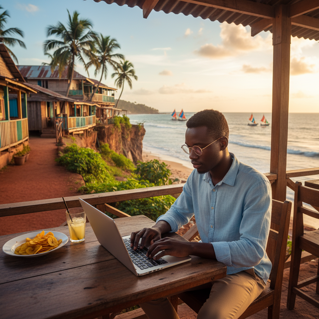 Young entrepreneur working on a laptop in a cafe in Sierra Leone