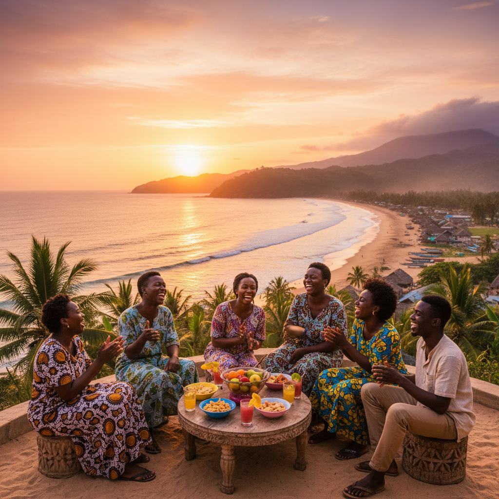 Group of friends laughing and talking in a social setting in Sierra Leone