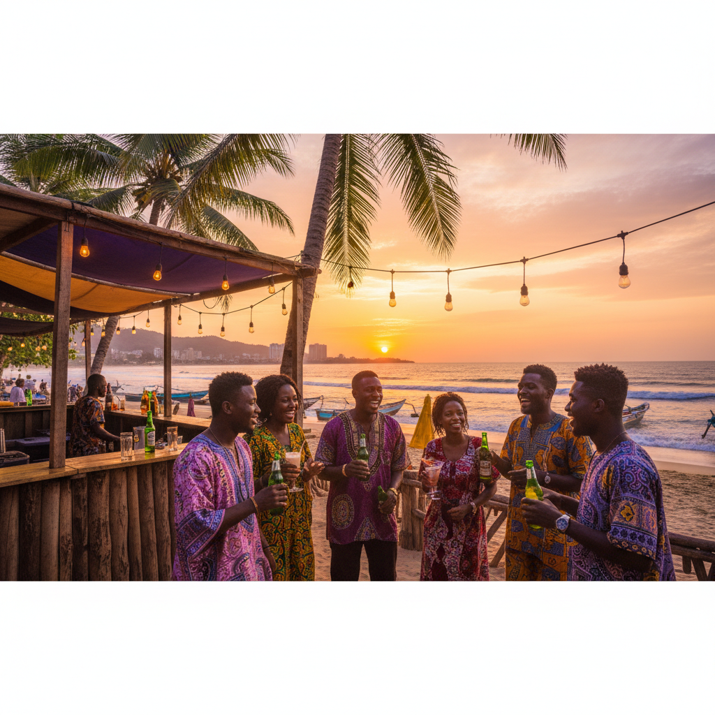 Friends gathering at a vibrant bar in Freetown