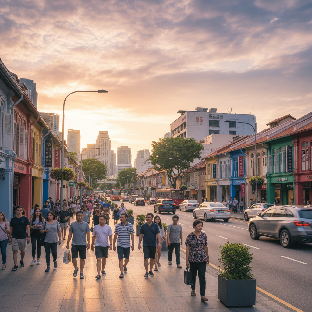 Vibrant street scene in Singapore, diverse pedestrians, shops, clean sidewalks, horizontal