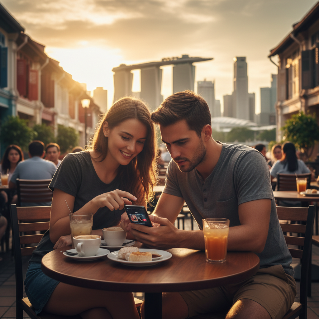 Couple using dating app on phone in a cafe, Singapore, looking for connection, horizontal