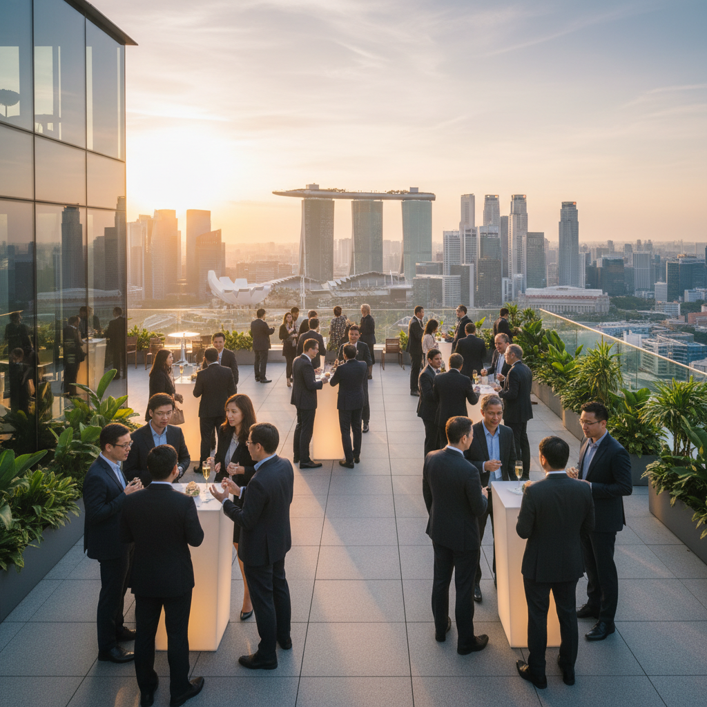Singaporean professionals networking at a corporate event, discussing careers, office setting, horizontal