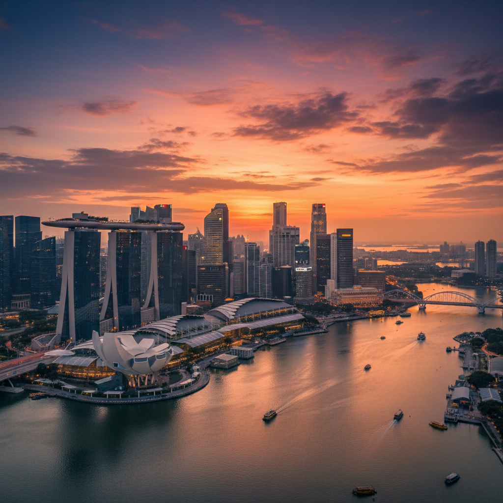 Singapore skyline at sunset, financial district, Marina Bay Sands, economic hub, horizontal