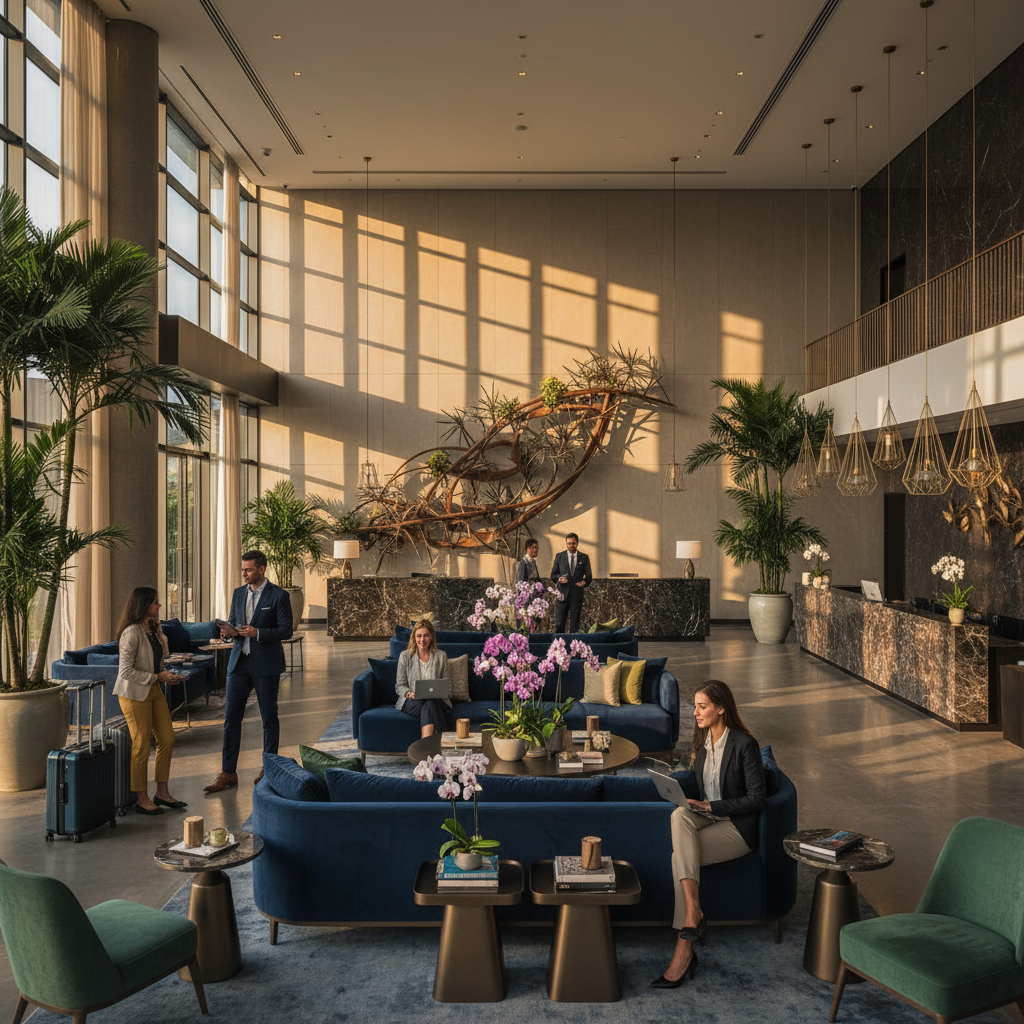 Stylish hotel lobby in Singapore, modern design, business travelers, luxury, horizontal