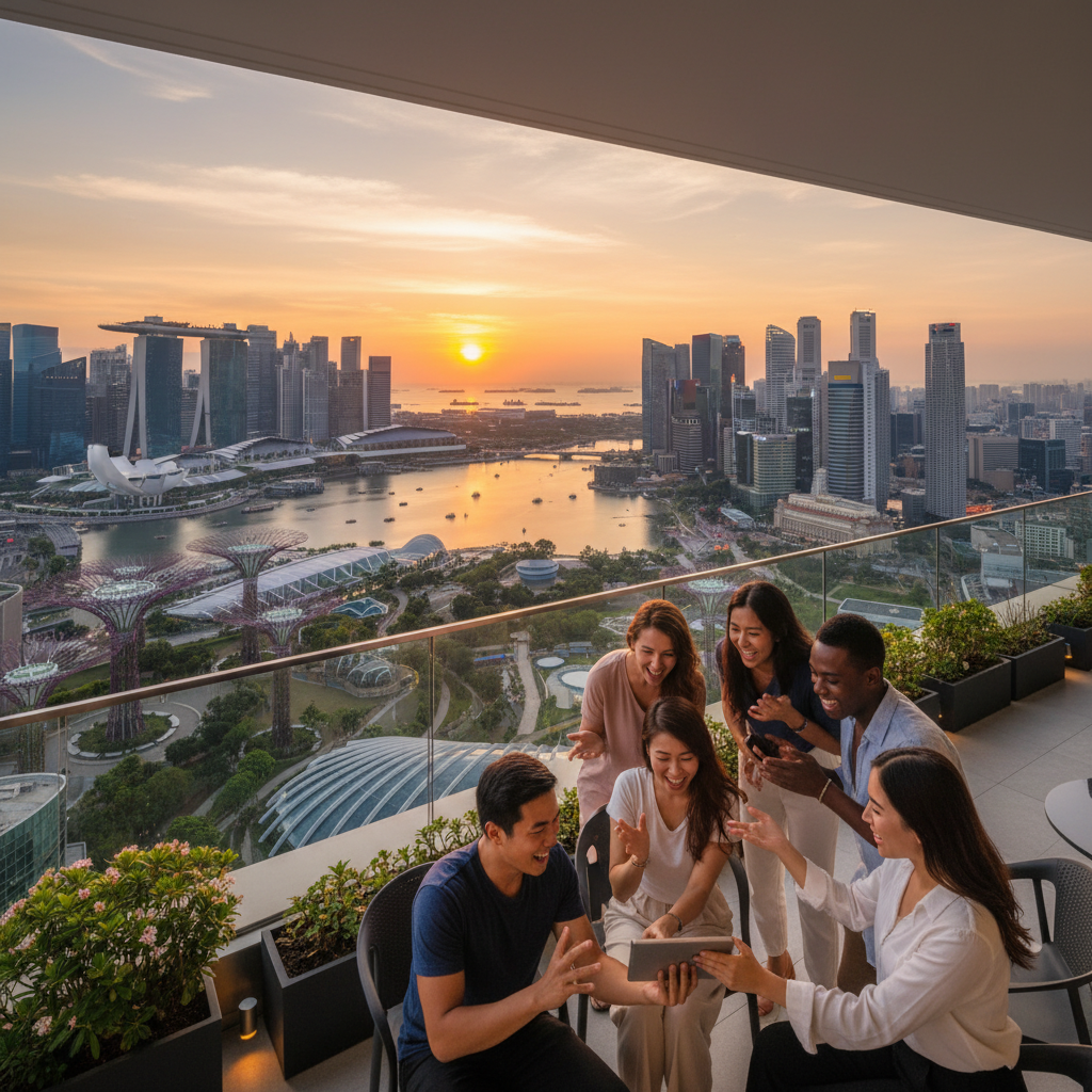Group of diverse friends engaged in a video call on a balcony overlooking Singapore skyline, horizontal