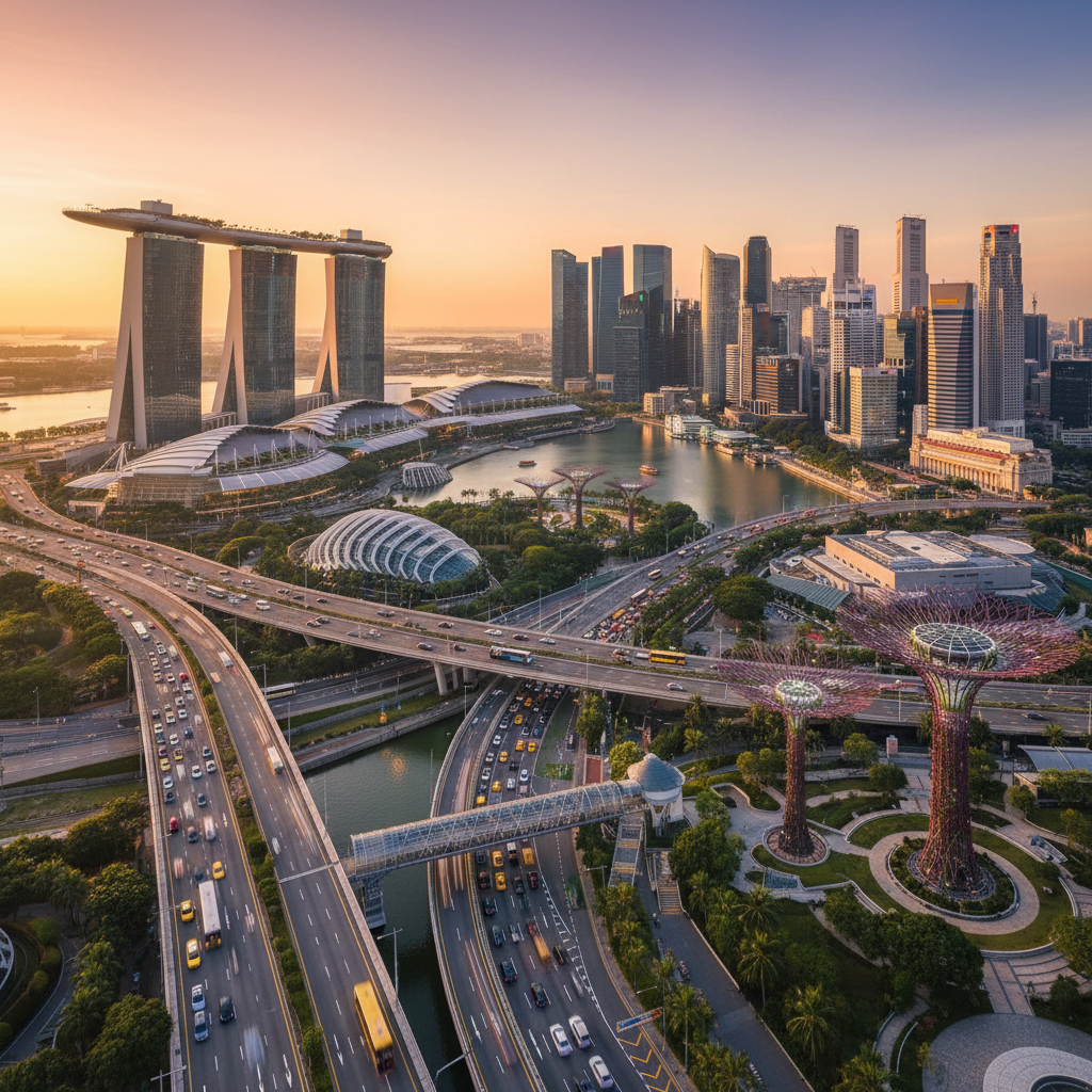 Singapore cityscape aerial view, modern architecture, busy streets, horizontal, high resolution
