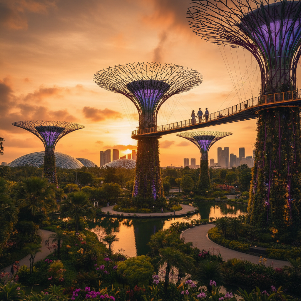 Romantic couple walking hand-in-hand at Gardens by the Bay, Singapore, evening lights, horizontal
