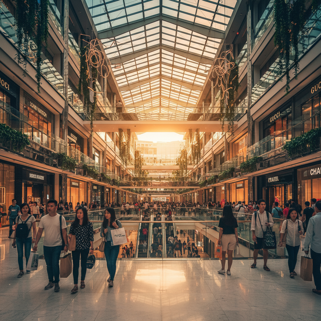 Bustling shopping mall interior in Singapore, high-end stores, shoppers, bright lighting, horizontal