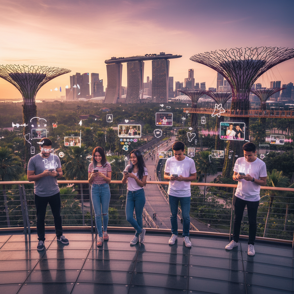 Young adults using smartphones, TikTok trends, trending audio visuals, Singapore, horizontal