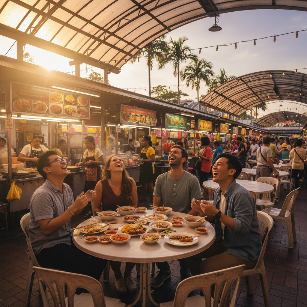 Friends laughing at a table in a popular Singapore hawker centre, diverse food stalls, daytime, horizontal