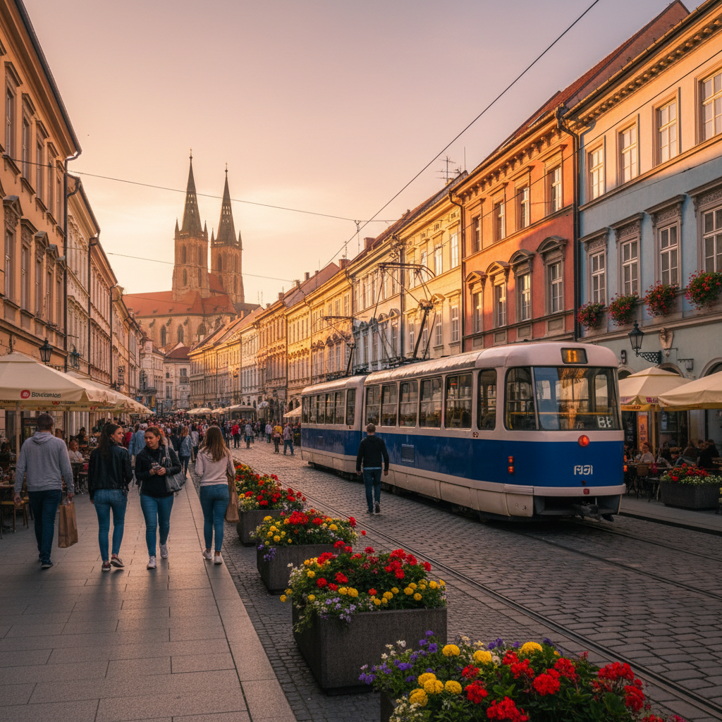 vibrant street scene in Kosice old town, Slovakia, horizontal photo