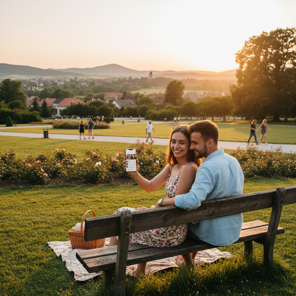 couple looking at dating app profiles on a phone, sitting outdoors in a park in Slovakia, horizontal photo
