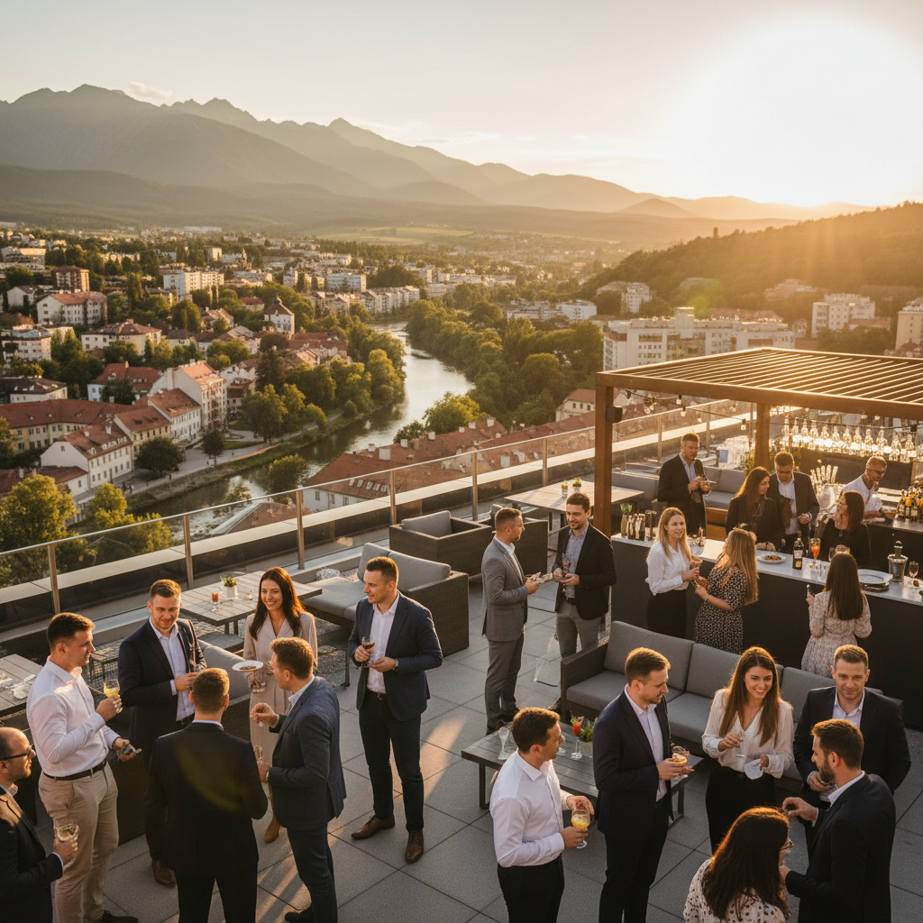 diverse group of professionals networking at a co-working space event in Slovakia, horizontal photo