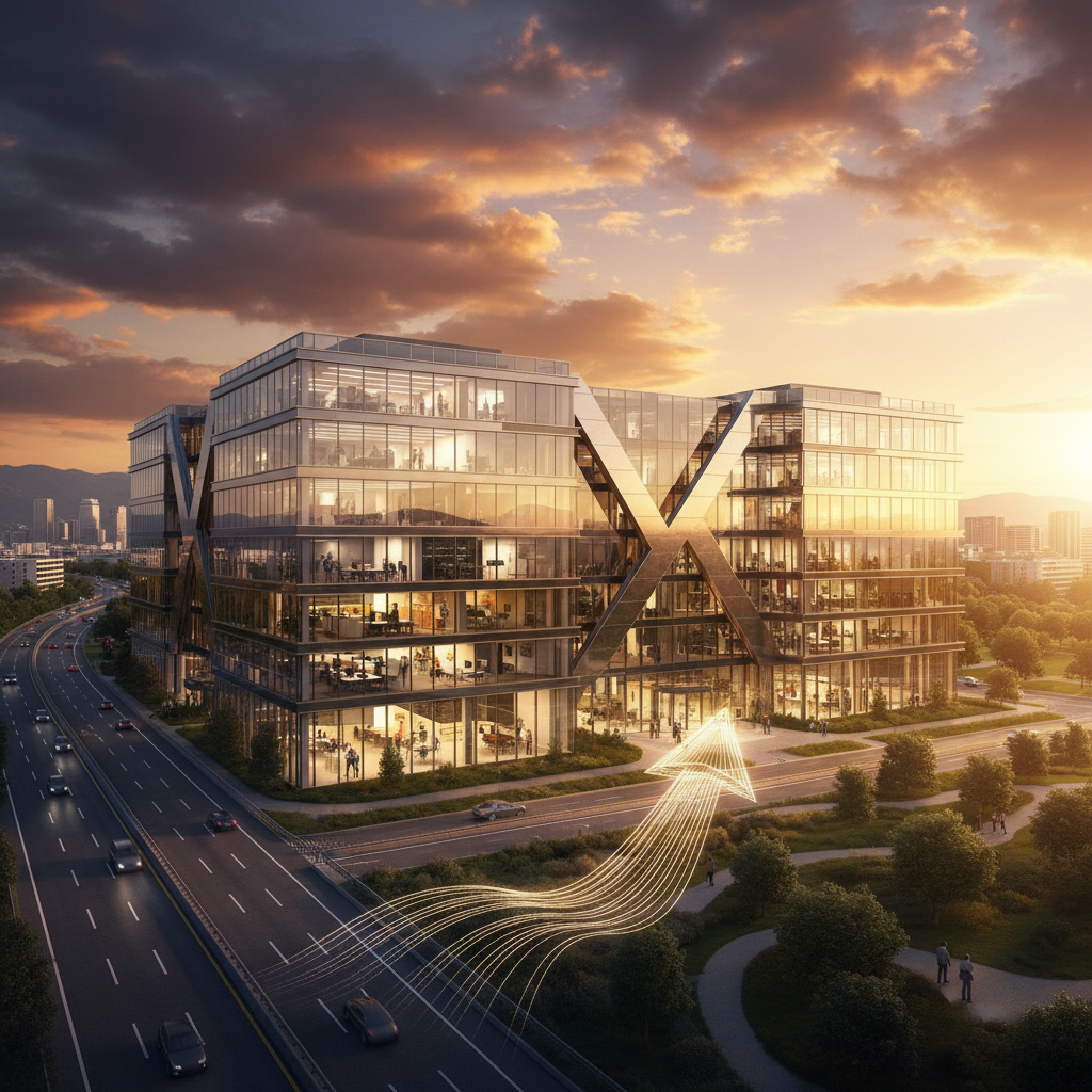 modern office building symbolizing Slovak economy with people working, horizontal photo