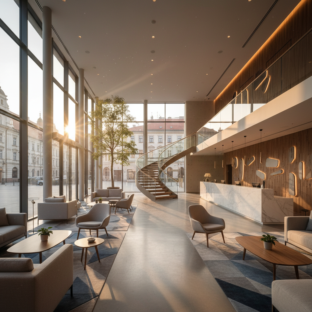 modern hotel lobby in a Slovakian city, clean and inviting design, horizontal photo