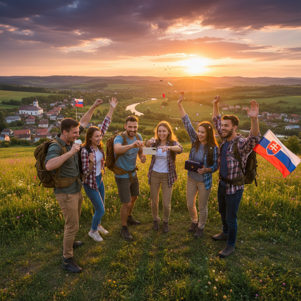 group of friends from Slovakia joining an online challenge on social media, celebrating, horizontal photo