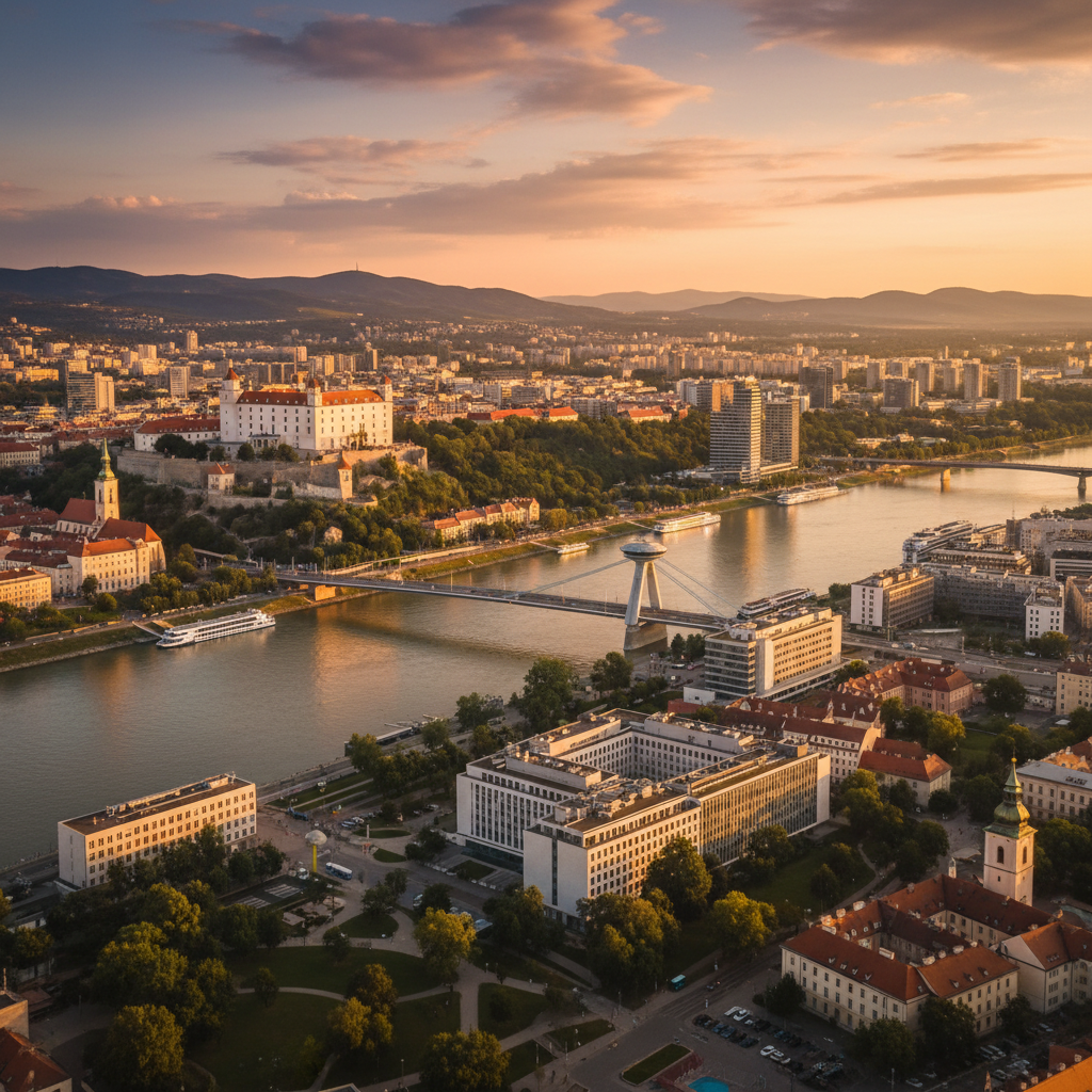 overview of Bratislava cityscape with Danube river, Slovakia, horizontal photo