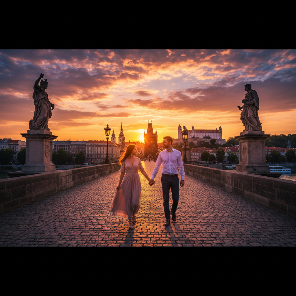 romantic couple walking hand-in-hand across Charles Bridge in Bratislava at sunset, horizontal photo