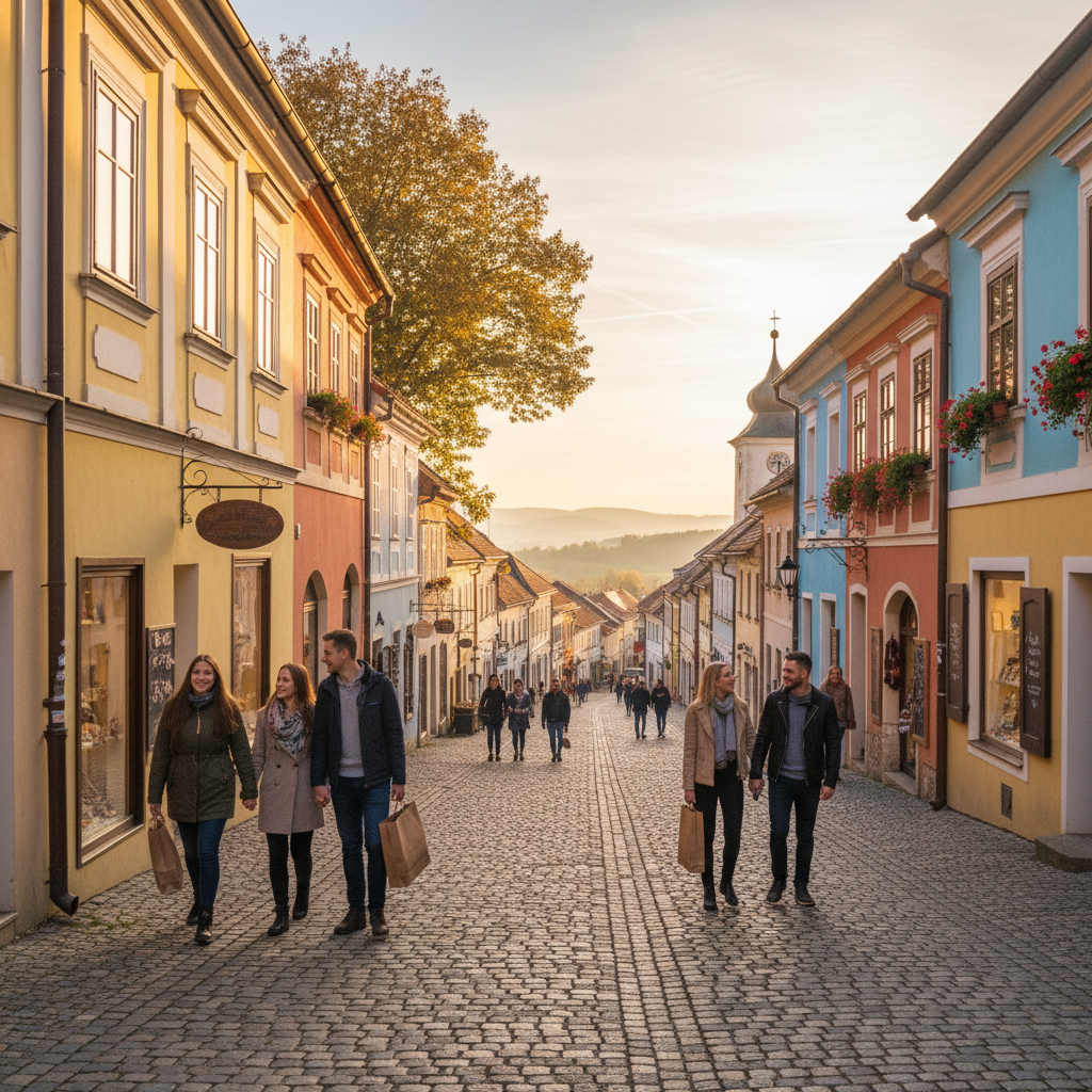 boutique shops lining a charming street in Banska Bystrica, Slovakia, with shoppers, horizontal photo