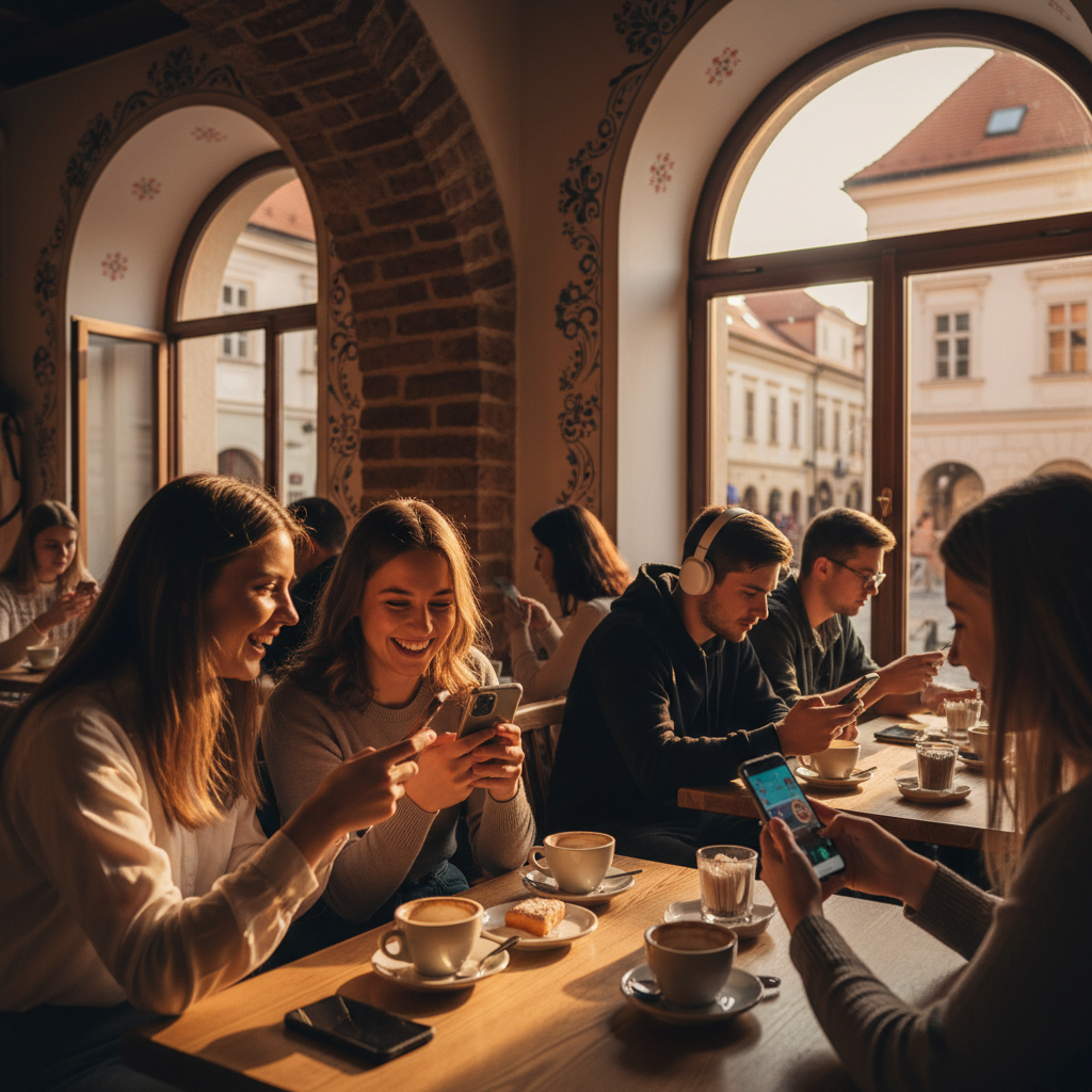 young adults using smartphones and engaging with short-form video content in a cafe, Slovakia, horizontal photo