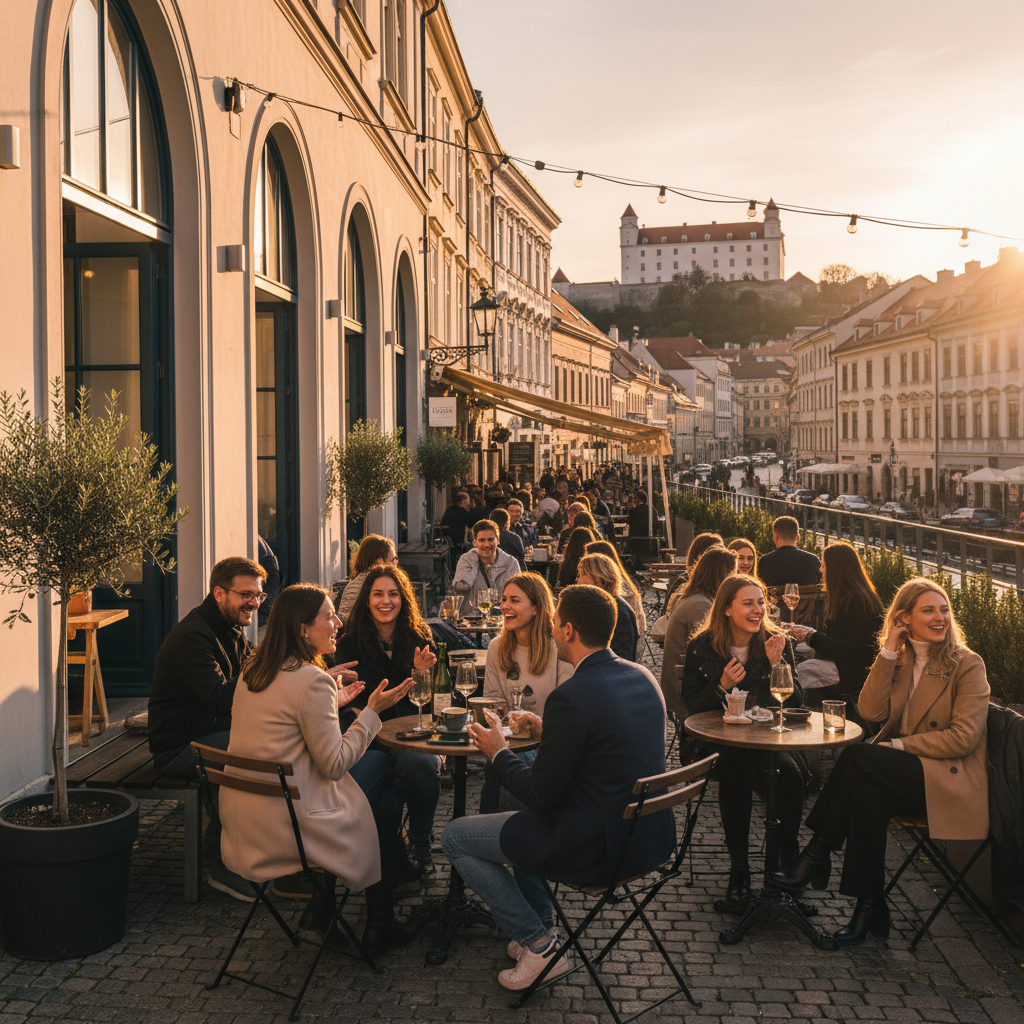 people socializing and laughing in a trendy cafe with outdoor seating in Bratislava, Slovakia, horizontal photo