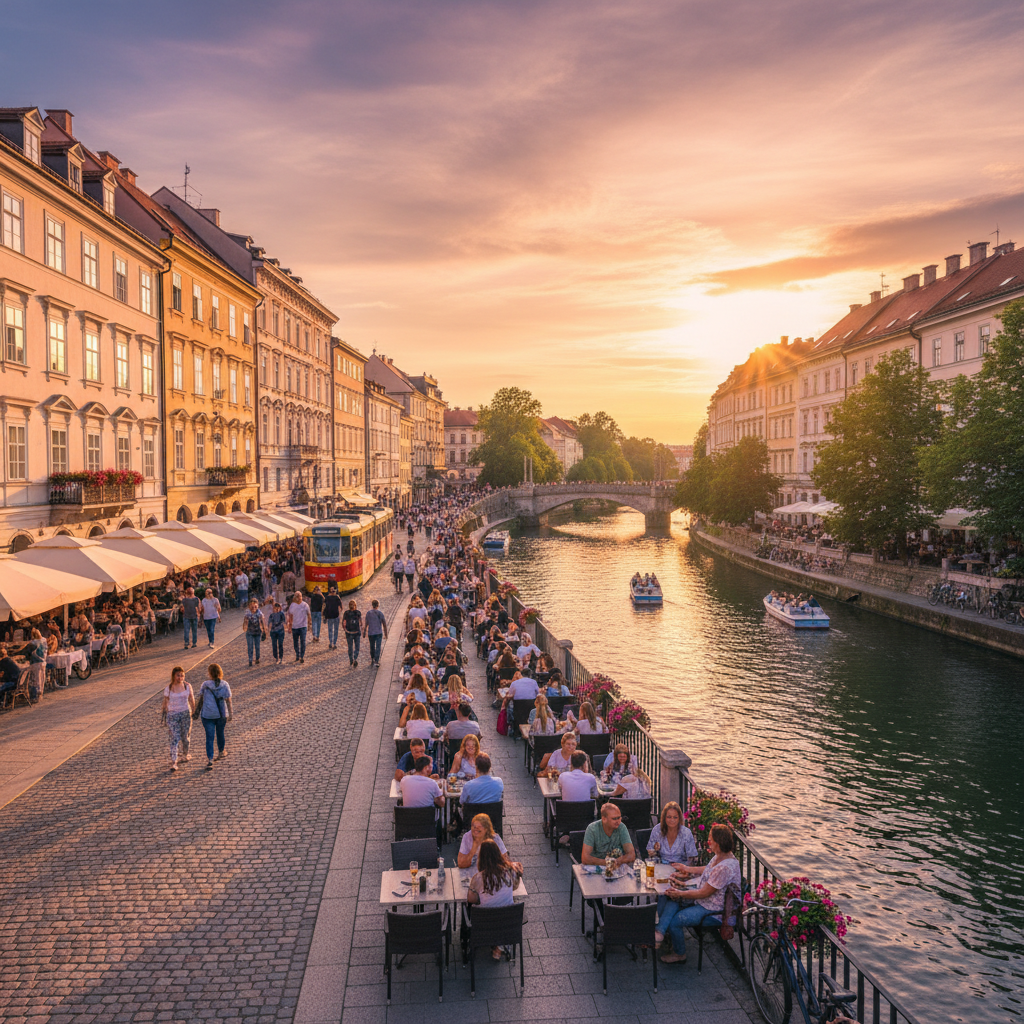 Ljubljana cityscape vibrant cafes and river horizontal