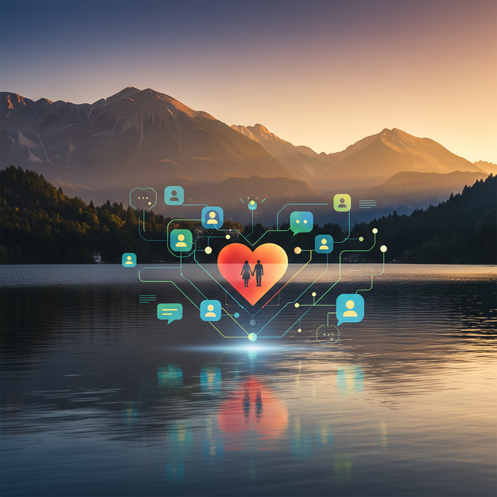 Couple swiping on dating app outdoors Slovenia horizontal