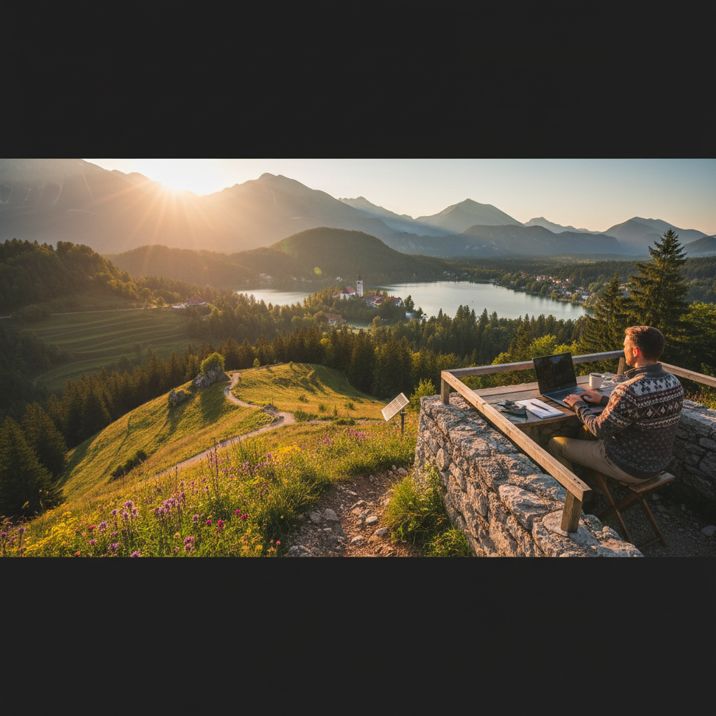 Digital nomad working on laptop in Slovenian coworking space horizontal