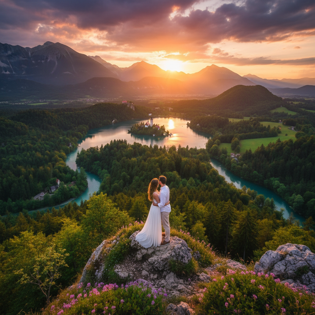 Romantic couple walking hand-in-hand along Lake Bled Slovenia horizontal