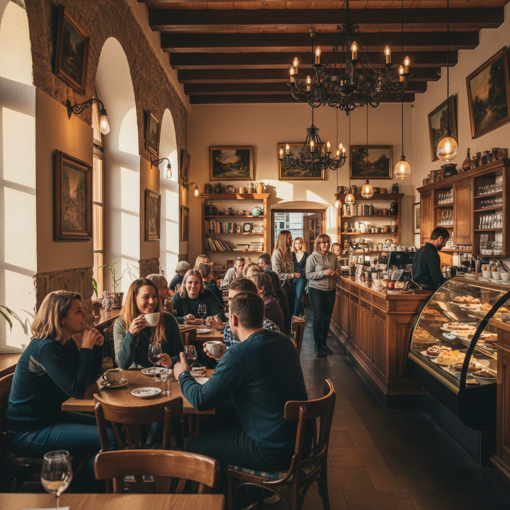 Friends meeting at a lively bar in Maribor Slovenia horizontal